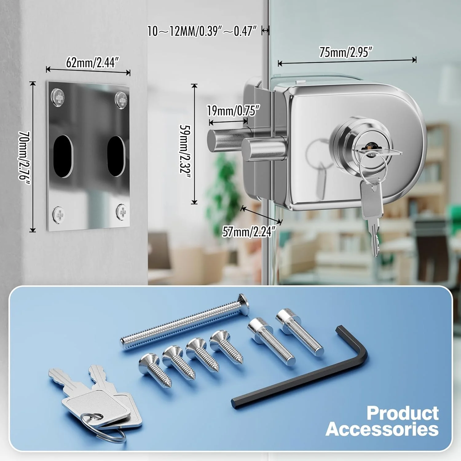 قفل درب شیشه ای رانبو 304 استیل ضد زنگ، قفل زبانه ای کف زمین برای درب های شیشه ای حمام، توالت، فروشگاه، پرداخت کروم براق (LE-30A)