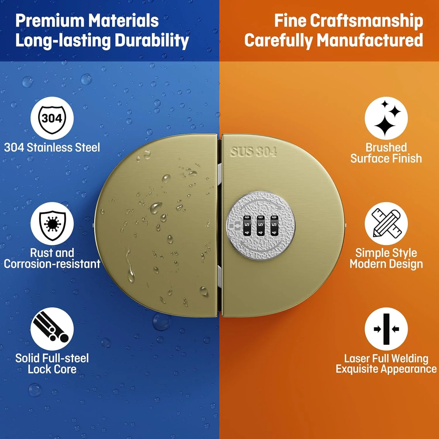 قفل ترکیبی مکانیکی شیشه ای بدون قاب رانبو، بدون نیاز به سوراخکاری، مناسب برای شیشه های با ضخامت 3/8 تا 1/2 اینچ، نقره ای برس خورده، مناسب برای درب های شیشه ای دو لنگه در مصارف خانگی و تجاری. (طلایی برس خورده)