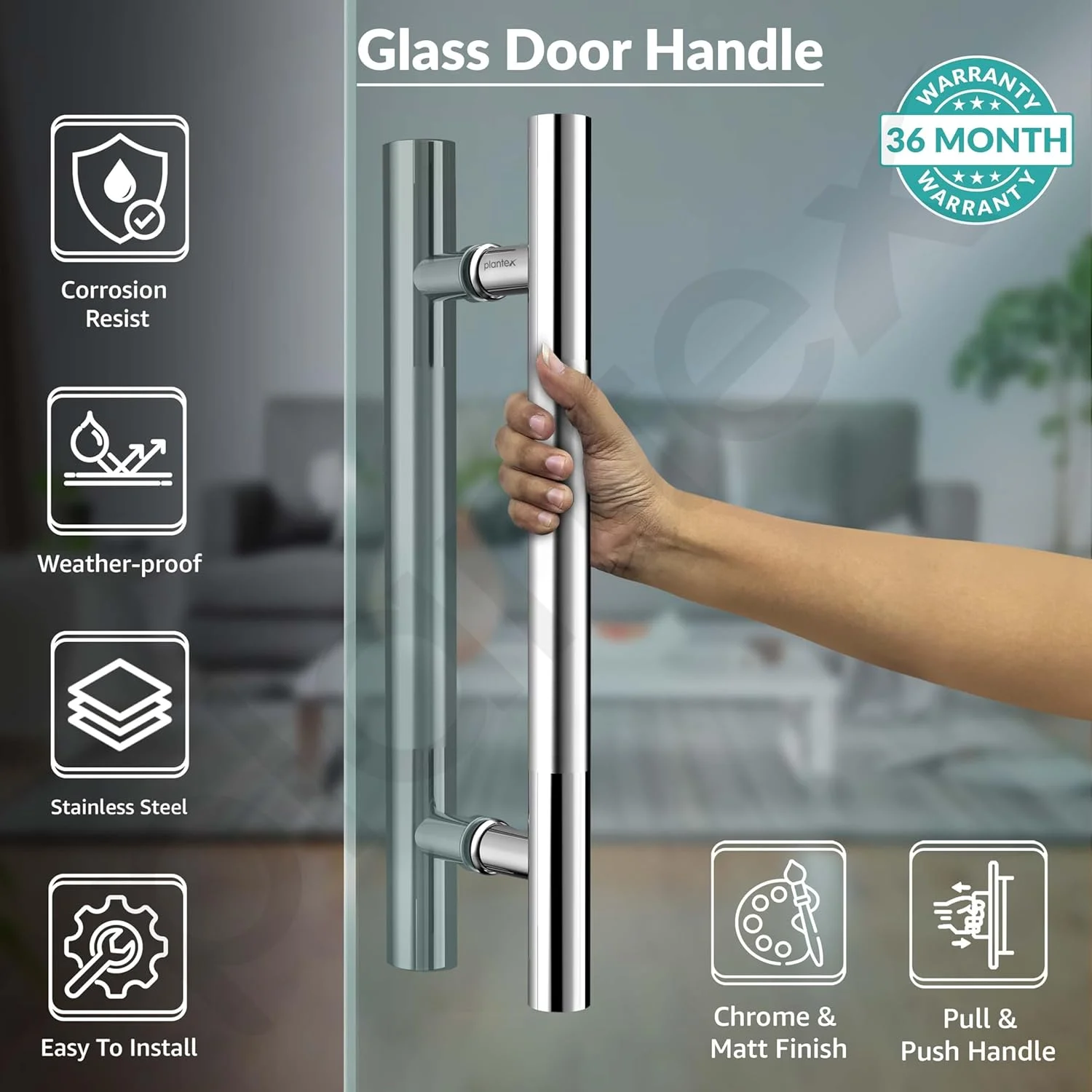 دستگیره پلنتکس برای درب شیشه ای / دستگیره اصلی درب استیل ضد زنگ / لوازم جانبی درب شیشه ای نشکن / ست دستگیره فشاری-کششی 12 اینچی، 1 عدد / (2 تکه، کروم)