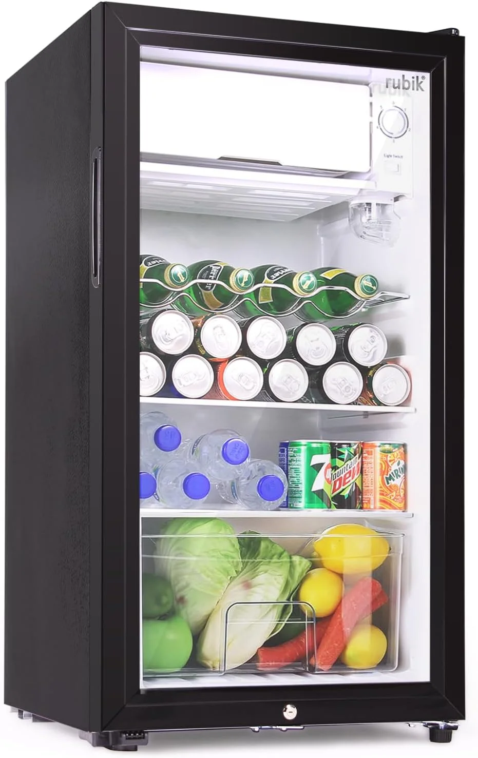یخچال روبیک 95 لیتری با درب شیشه ای، دارای محفظه نیمه فریزر، سرمایش مستقیم با برفک، چراغ LED و قفل کلیدی، (RB-95HC-JC) مشکی