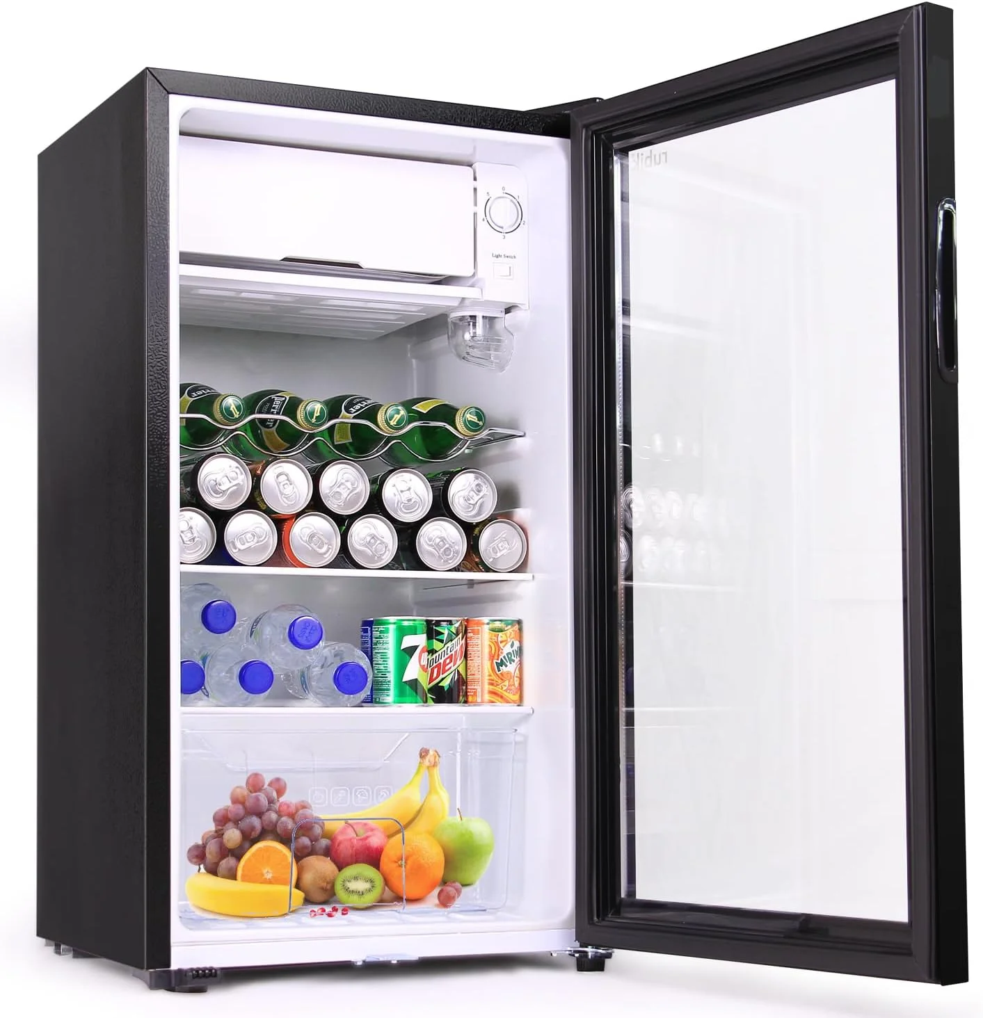 یخچال روبیک 95 لیتری با درب شیشه ای، دارای محفظه نیمه فریزر، سرمایش مستقیم با برفک، چراغ LED و قفل کلیدی، (RB-95HC-JC) مشکی