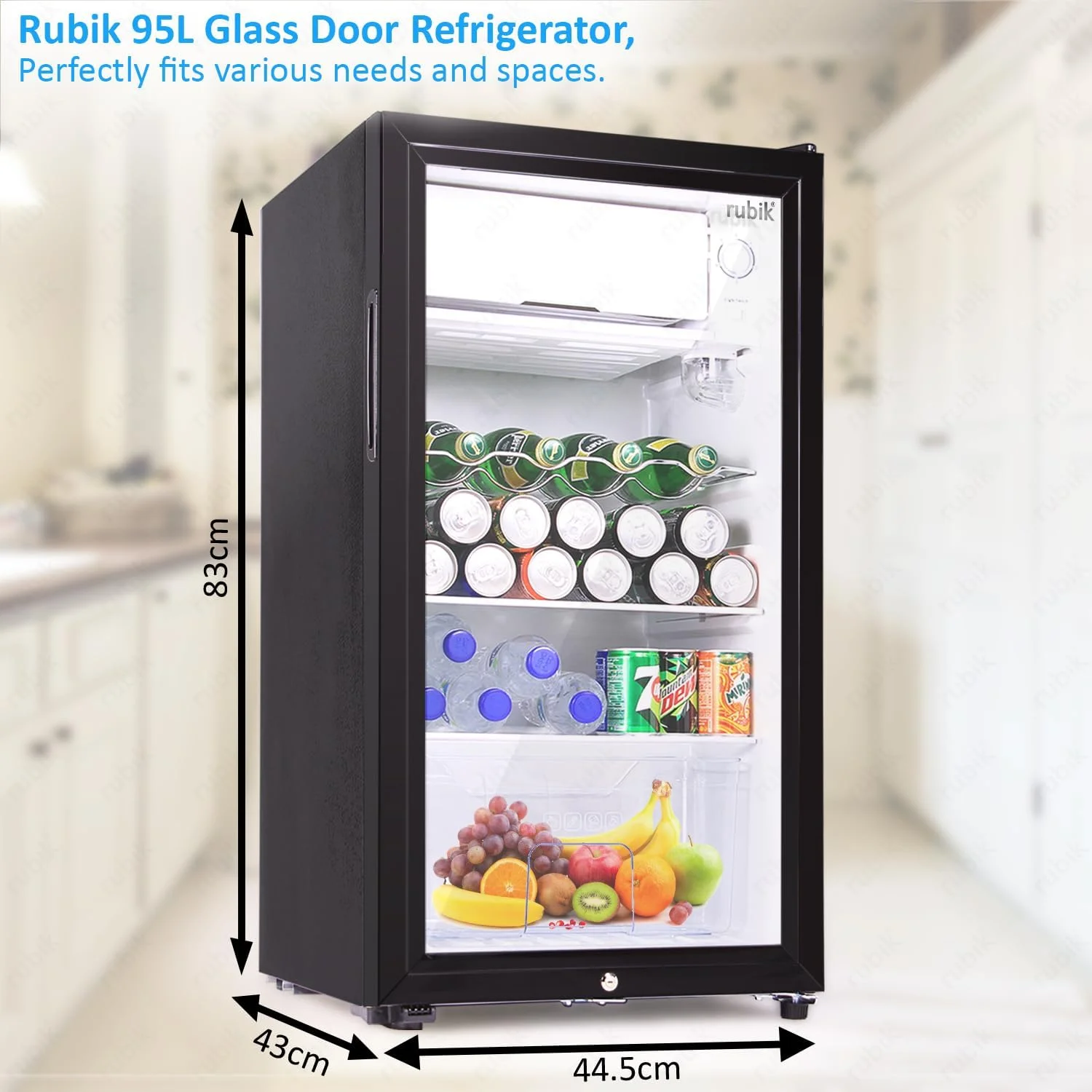 یخچال روبیک 95 لیتری با درب شیشه ای، دارای محفظه نیمه فریزر، سرمایش مستقیم با برفک، چراغ LED و قفل کلیدی، (RB-95HC-JC) مشکی