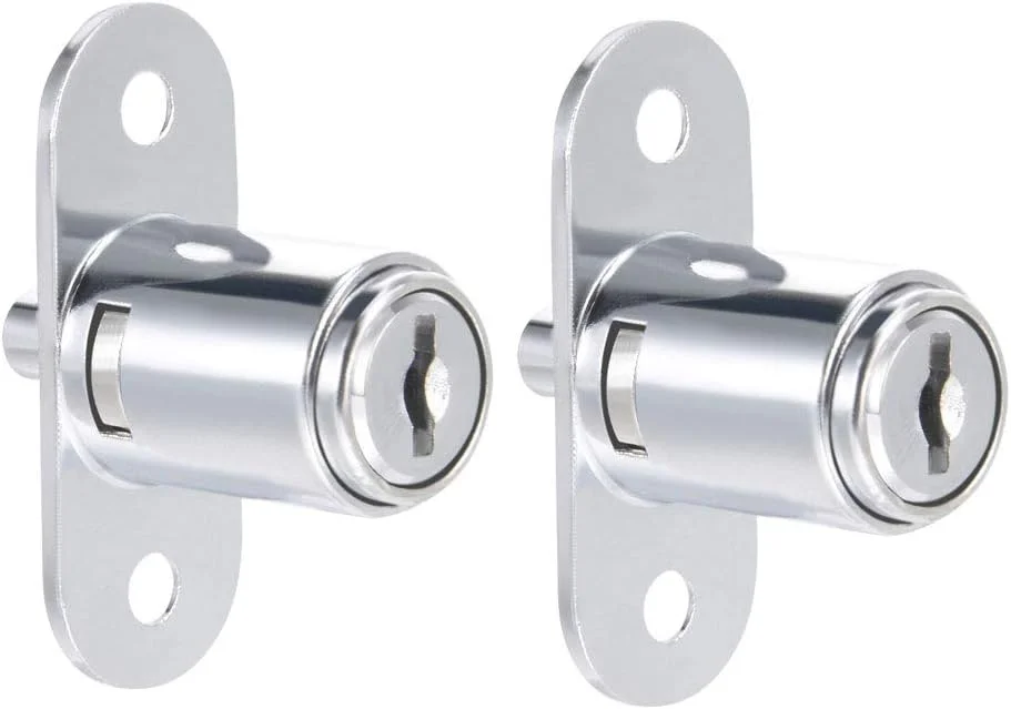 قفل فشاری پلانجر، مناسب درب کشو، کمد، میز، ویترین و قفسه، سایز 19x23 میلی متر، شامل دو عدد قفل و کلید (بدون پیچ)