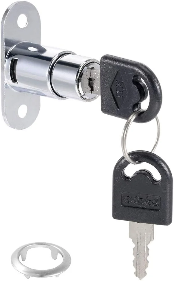 قفل فشاری پلانجر، مناسب درب کشو، کمد، میز، ویترین و قفسه، سایز 19x23 میلی متر، شامل دو عدد قفل و کلید (بدون پیچ)