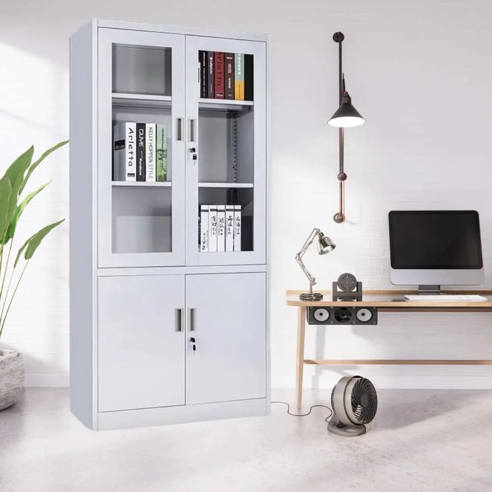 کابینت فلزی 4 درب خواب عمیق با درب های شیشه ای و قفل و طبقه | کابینت فلزی سفید | سازمان دهنده بادوام برای دفتر، خانه، مدرسه، سالن ورزشی، آرایشگاه، درمانگاه و مهد کودک