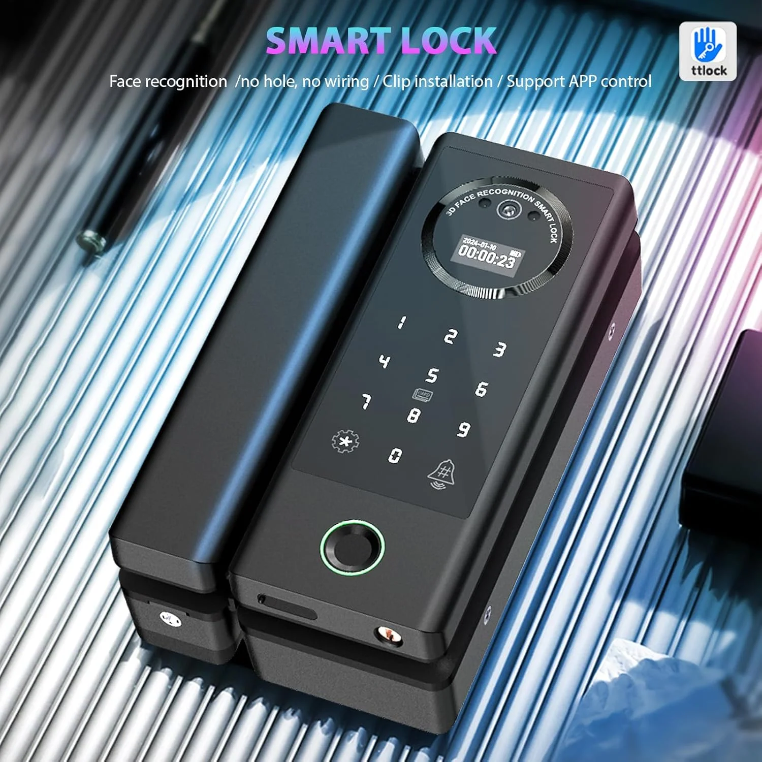 قفل هوشمند Swokely برای درب شیشه ای، باز کردن قفل از راه دور با WiFi، باز کردن قفل با اپلیکیشن TT، تشخیص چهره، اثر انگشت، رمز عبور، کارت IC، باتری قابل شارژ 2600mAh، قفل درب برای ضخامت 10-12 میلی متر، مناسب برای دفتر، خانه، اتاق خواب