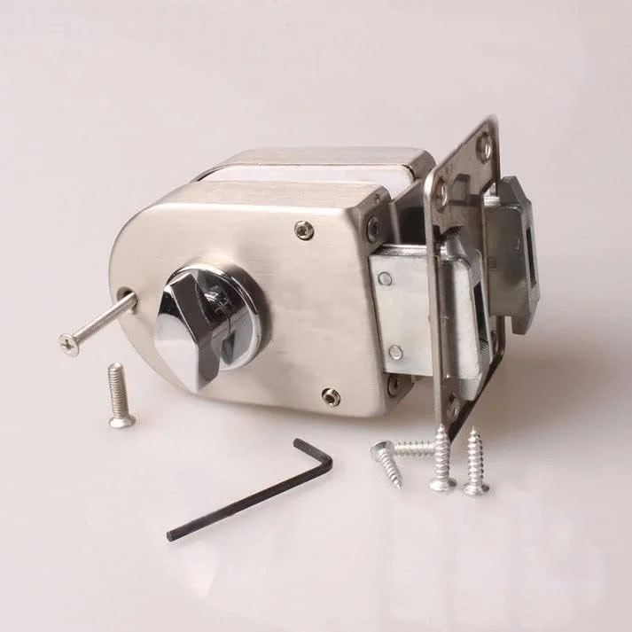 قفل درب شیشه ای، استیل ضد زنگ، بدون نیاز به سوراخکاری روی شیشه، قفل از داخل و خارج، درب تکی، درب شیشه ای بدون قاب