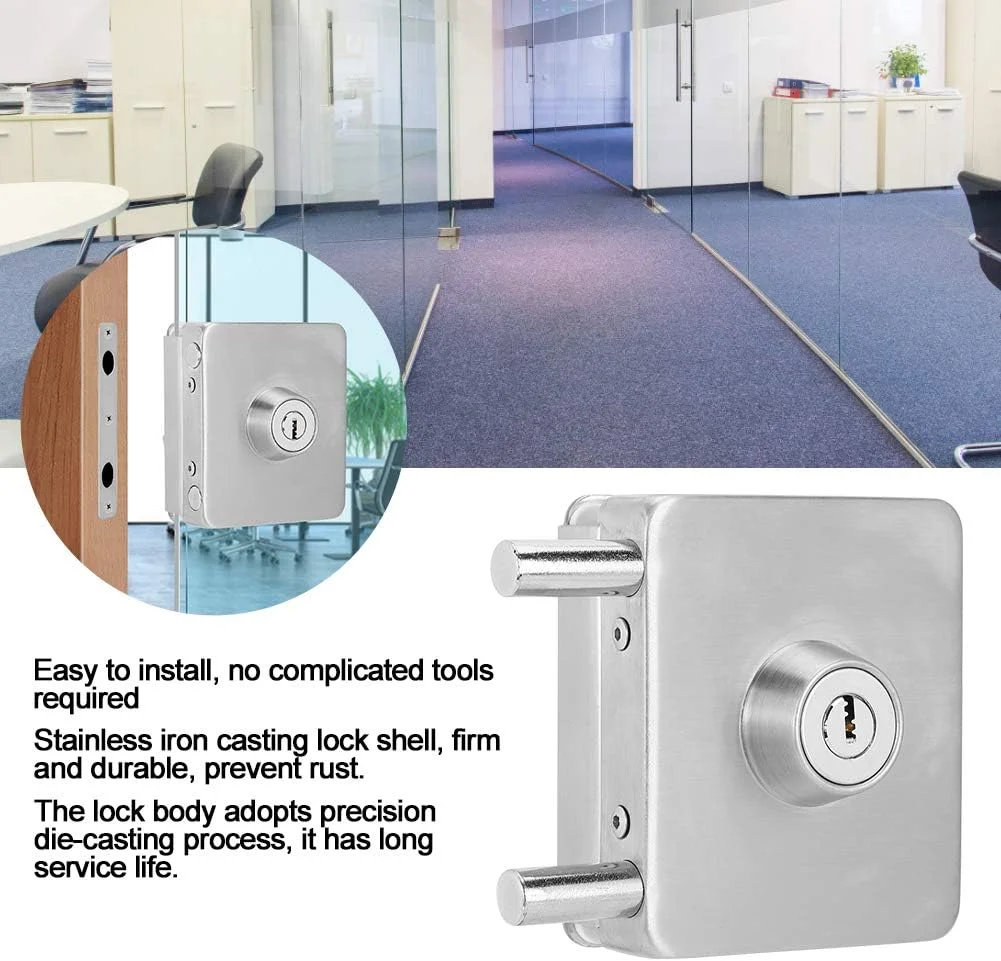 قفل درب شیشه ای، قفل زبانه درب تکی مربعی با کلید، 10mm -12mm درب شیشه ای استیل ضد زنگ بدون قاب