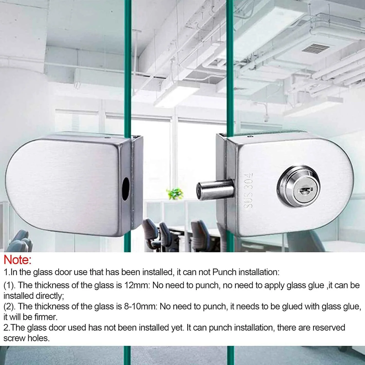 قفل درب شیشه ای مناسب برای شیشه های 1/2 اینچی، 10 تا 12 میلی متری، قفل درب شیشه ای، فولاد ضد زنگ، دو زبانه، مناسب برای درب های شیشه ای کشویی و چرخشی، کنترل دسترسی، مناسب برای درب شیشه ای دفاتر به همراه 3 کلید (102-B)