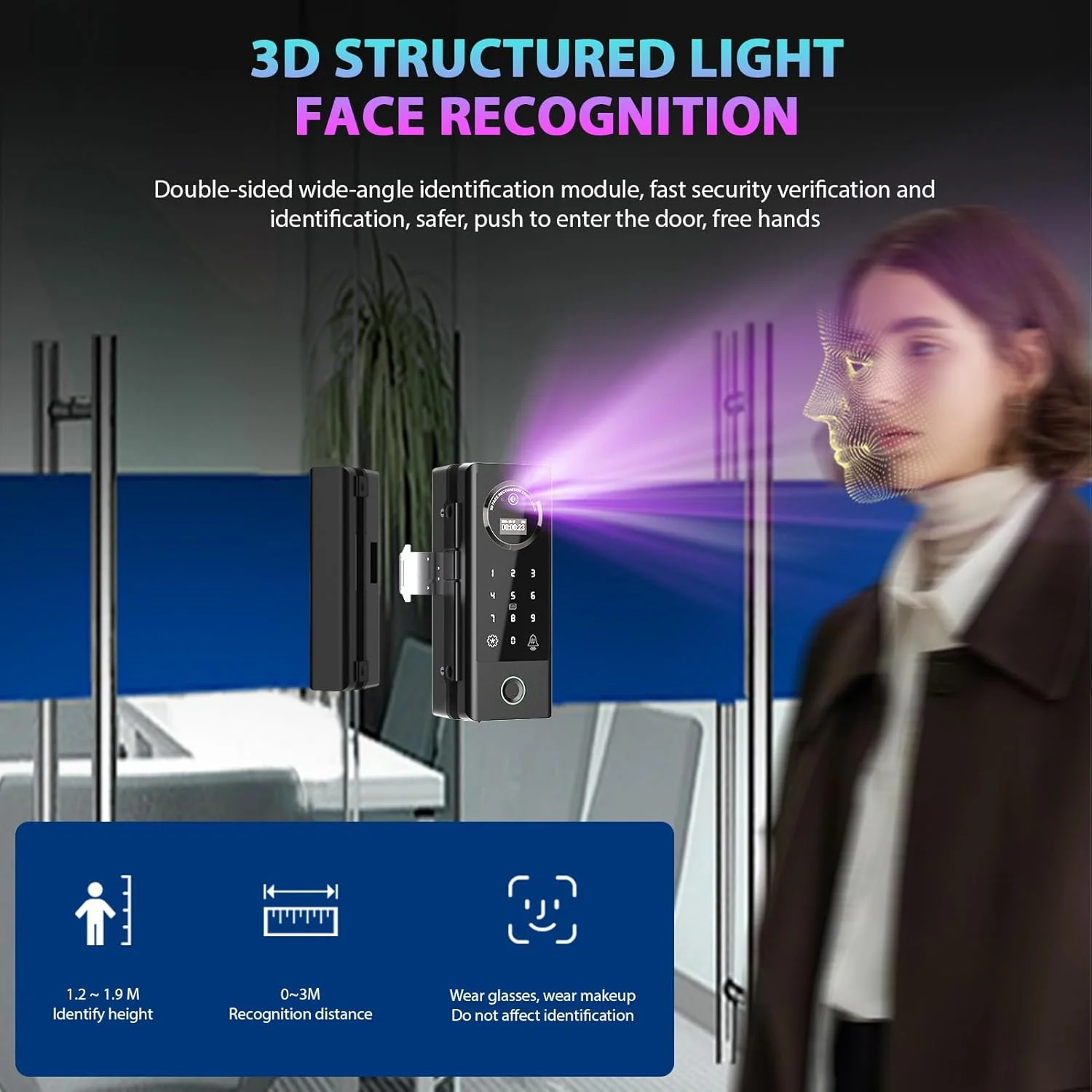 قفل هوشمند Swokely برای درب شیشه ای، باز کردن قفل از راه دور با WiFi، باز کردن قفل با اپلیکیشن TT، تشخیص چهره، اثر انگشت، رمز عبور، کارت IC، باتری قابل شارژ 2600mAh، قفل درب برای ضخامت 10-12 میلی متر، مناسب برای دفتر، خانه، اتاق خواب