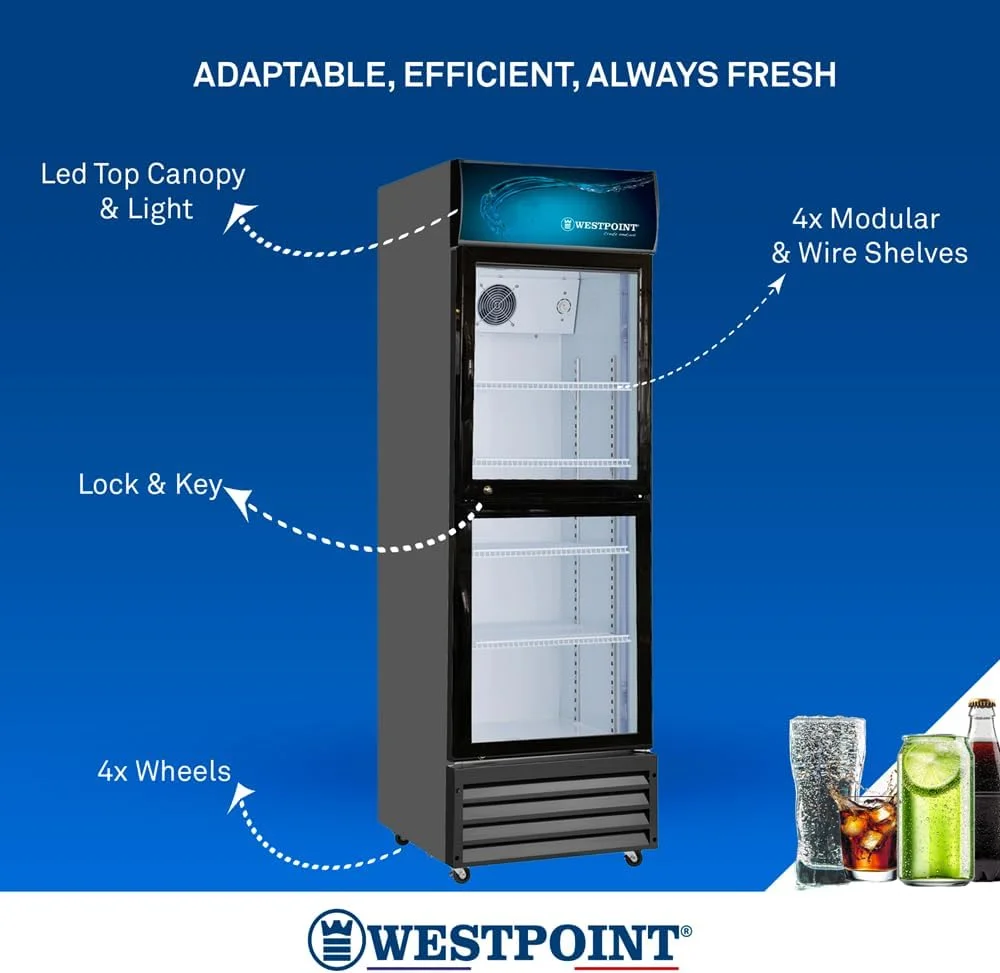 یخچال ویترینی ایستاده وست پوینت 405 لیتری، دو درب، بدون برفک، درب های خود بسته شو، شیشه سکوریت، طبقات سیمی، تاج و روشنایی بالا، دارای چرخ، قفل و کلید، مناسب برای خواربار فروشی، منزل، اداره، رستوران مدل WPSN-4017T2