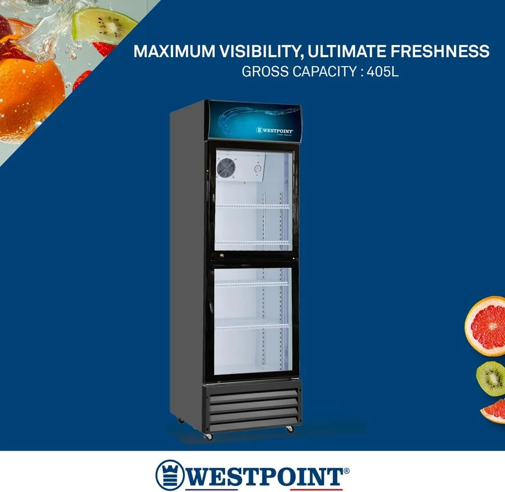یخچال ویترینی ایستاده وست پوینت 405 لیتری، دو درب، بدون برفک، درب های خود بسته شو، شیشه سکوریت، طبقات سیمی، تاج و روشنایی بالا، دارای چرخ، قفل و کلید، مناسب برای خواربار فروشی، منزل، اداره، رستوران مدل WPSN-4017T2