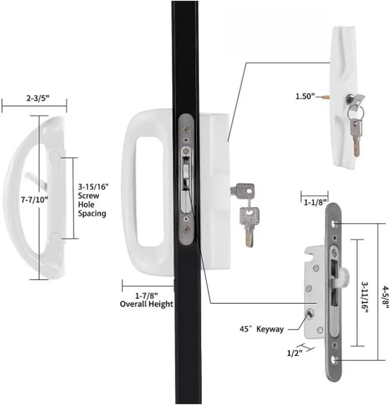 ست دستگیره درب پاسیو کشویی THE WHITE SHOP با سیلندر کلید و قفل زبانه دار، ست کامل دستگیره جایگزین مناسب برای ضخامت درب