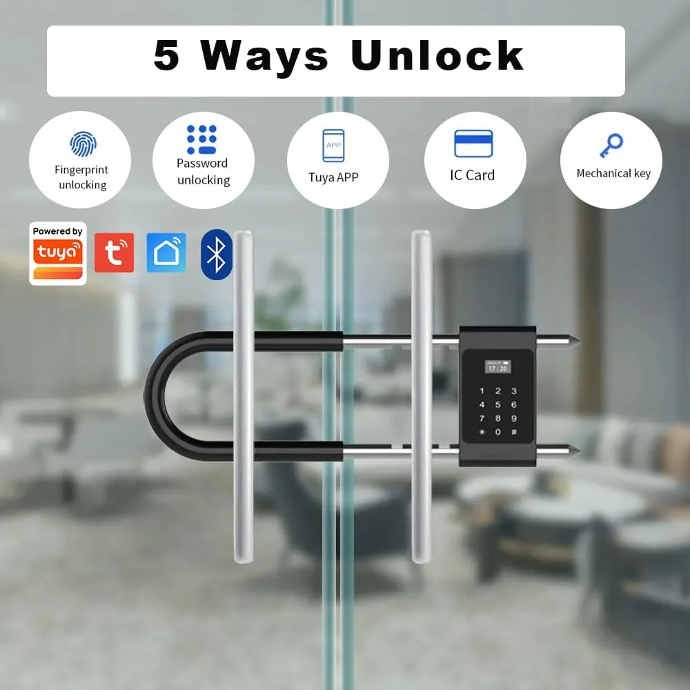 قفل U شکل بلوتوثی Tuya مدل UanTii، قفل درب شیشه ای اداری 5 در 1، قفل ضد آب اثر انگشتی بیومتریک برای داخل و خارج از منزل، باز کردن قفل با برنامه