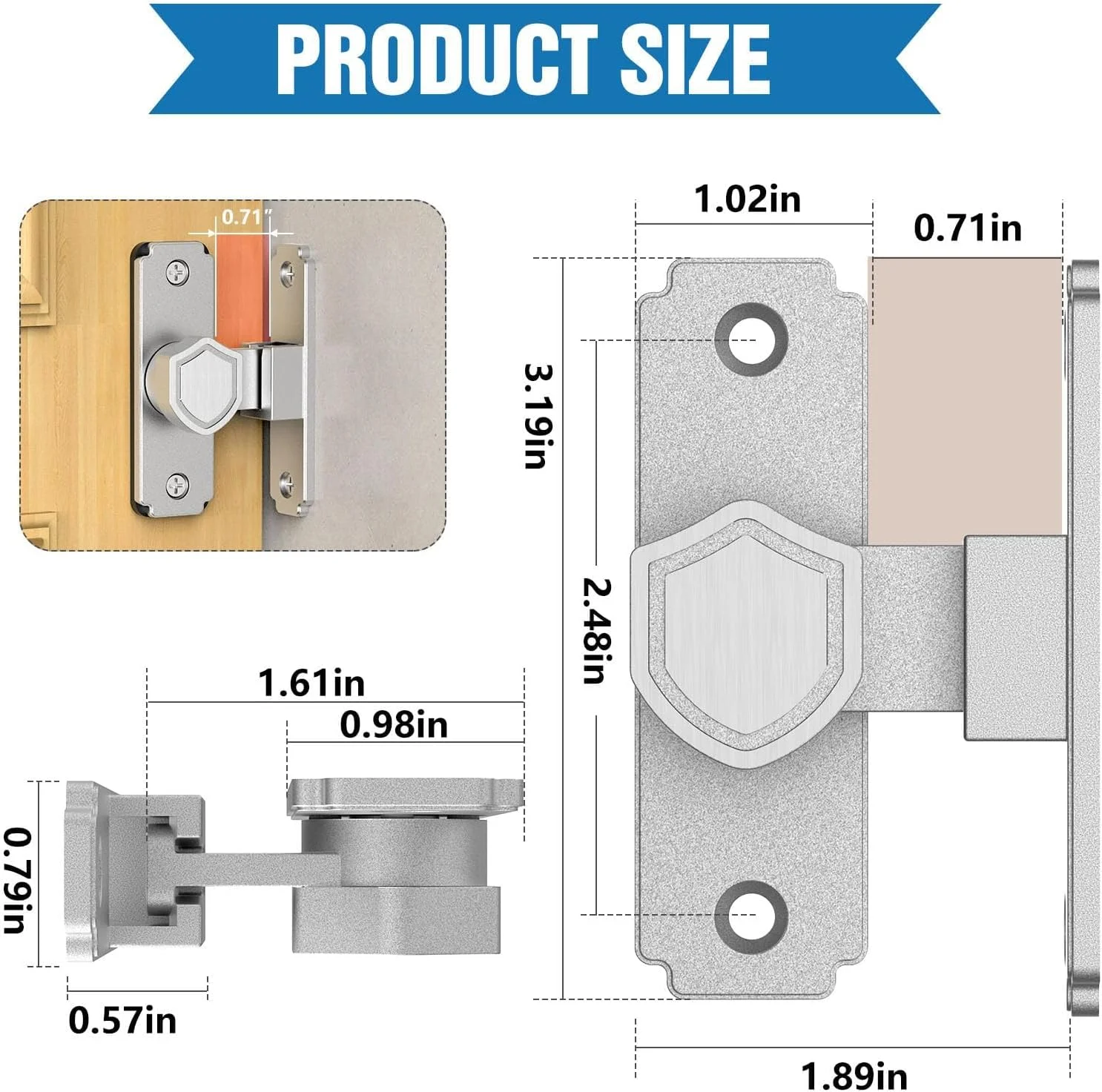 قفل درب ریلی 90 درجه TERRIFI، قفل درب مقاوم از جنس استیل ضد زنگ 304، قفل درب کشویی امنیتی برای خانه، حمام، اتاق خواب، کابینت، گاراژ، باغ، حصار (نقره ای کوتاه، 1 عدد)