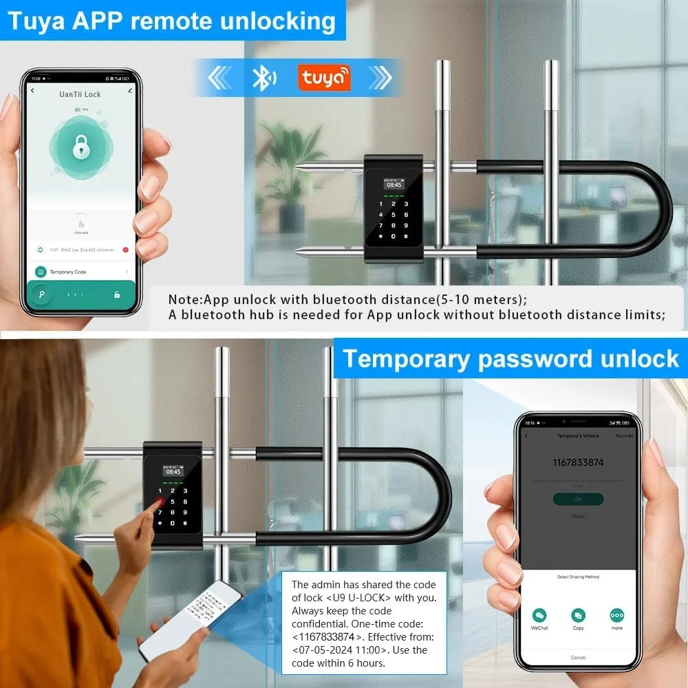 قفل U شکل بلوتوثی Tuya مدل UanTii، قفل درب شیشه ای اداری 5 در 1، قفل ضد آب اثر انگشتی بیومتریک برای داخل و خارج از منزل، باز کردن قفل با برنامه