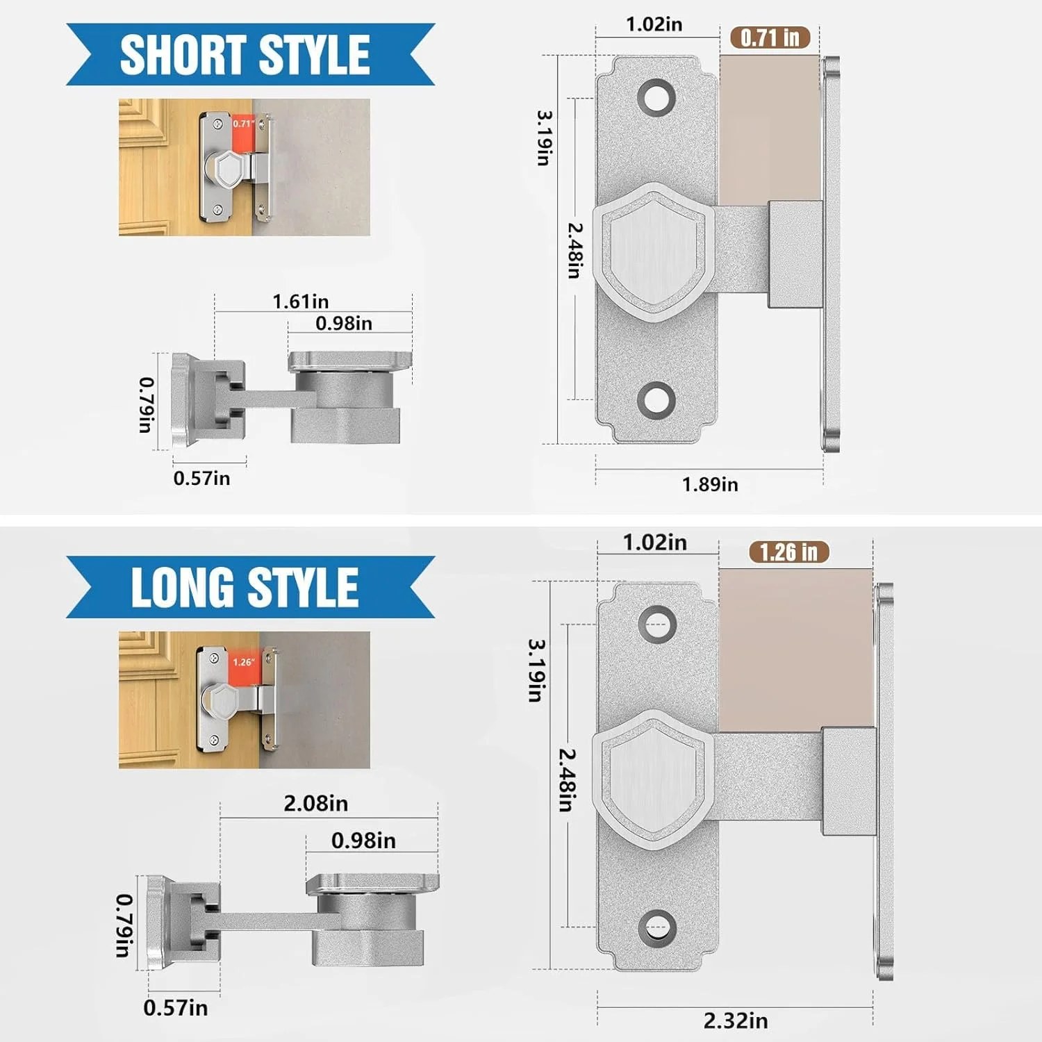 قفل درب ریلی 90 درجه TERRIFI، قفل درب مقاوم از جنس استیل ضد زنگ 304، قفل درب کشویی امنیتی برای خانه، حمام، اتاق خواب، کابینت، گاراژ، باغ، حصار (نقره ای کوتاه، 1 عدد)