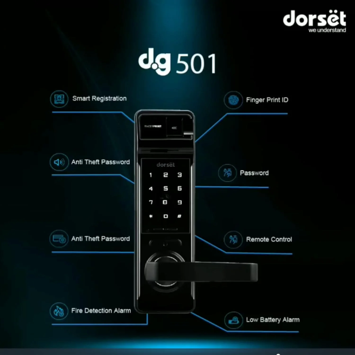 قفل دیجیتال درب Dorset | قفل دسترسی 4 در 1 (بیومتریک، پین، RFID، کلید مکانیکی) | تا 200 اثر انگشت منحصر به فرد و تا 50 کارت RFID | مشکی