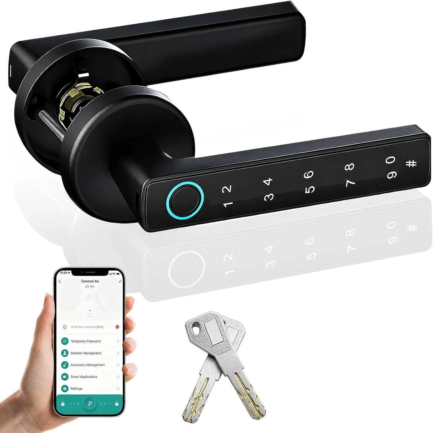قفل درب هوشمند، قفل اثر انگشتی درب ورودی، قفل دستگیره دیجیتال با پخش صدا، باز کردن قفل با برنامه، دو کلید، مناسب برای اتاق خواب، دفتر، هتل