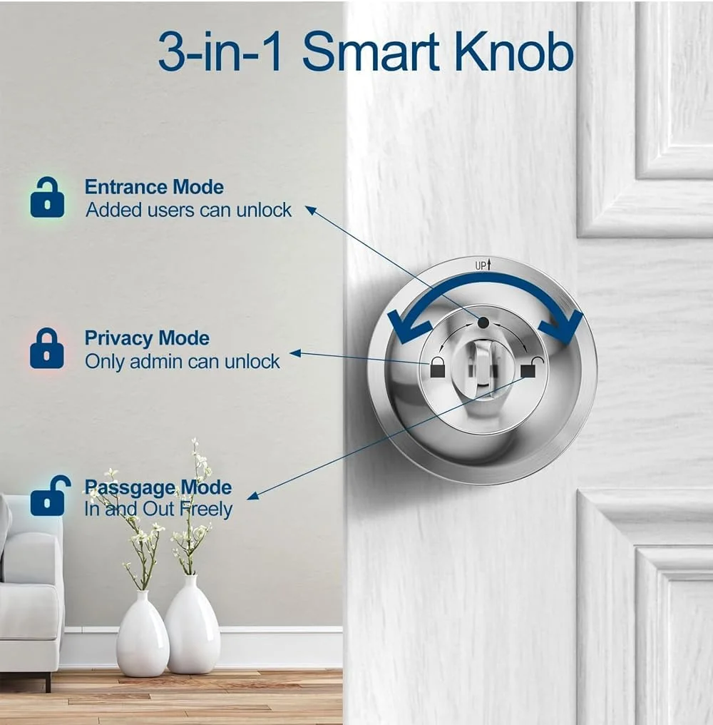 قفل دستگیره دیجیتال درب، طراحی گرد توپی، قطر 80 میلی متر، صفحه کلید با 45 کاربر، ضخامت درب 35-55 میلی متر