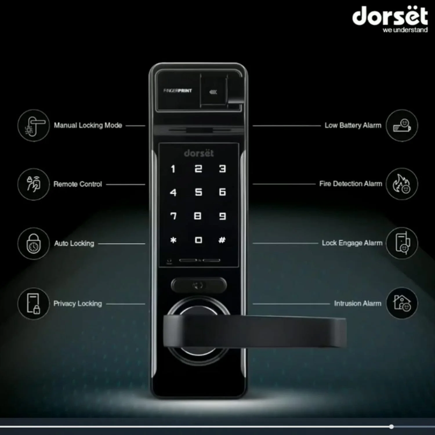 قفل دیجیتال درب Dorset | قفل دسترسی 4 در 1 (بیومتریک، پین، RFID، کلید مکانیکی) | تا 200 اثر انگشت منحصر به فرد و تا 50 کارت RFID | مشکی