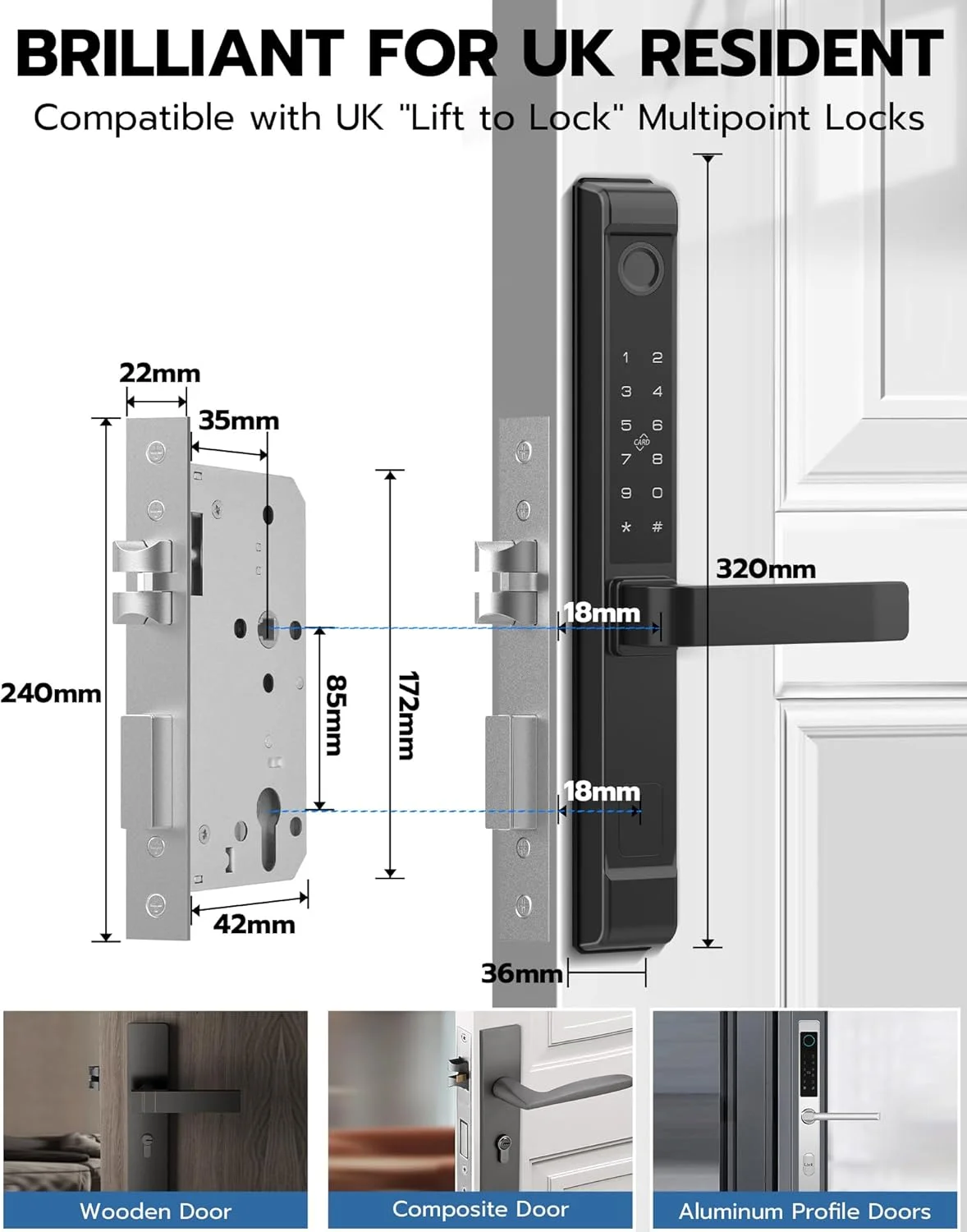 دستگیره درب هوشمند Eseesmart، قفل اثر انگشتی درب با صفحه کلید RFID و کنترل برنامه، قفل درب باریک دیجیتال بیومتریک الکترونیکی بلوتوث ضد آب برای درب جلو چوبی آلومینیومی