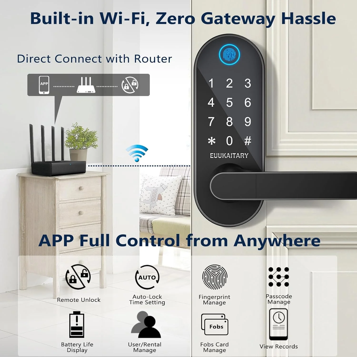 قفل درب اثر انگشتی EUUKAITARY، قفل درب بدون کلید، قفل های هوشمند دستگیره دار برای درب ورودی و اتاق خواب، وای فای داخلی، کنترل از راه دور از طریق اپلیکیشن، صفحه کلید دیجیتال الکترونیکی با دستگیره، قفل خودکار قفل درب اثر انگشتی EUUKAITARY، قفل درب بدون کلید، قفل های هوشمند دستگیره دار برای درب ورودی و اتاق خواب، وای فای داخلی، کنترل از راه دور از طریق اپلیکیشن، صفحه کلید دیجیتال الکترونیکی با دستگیره، قفل خودکار