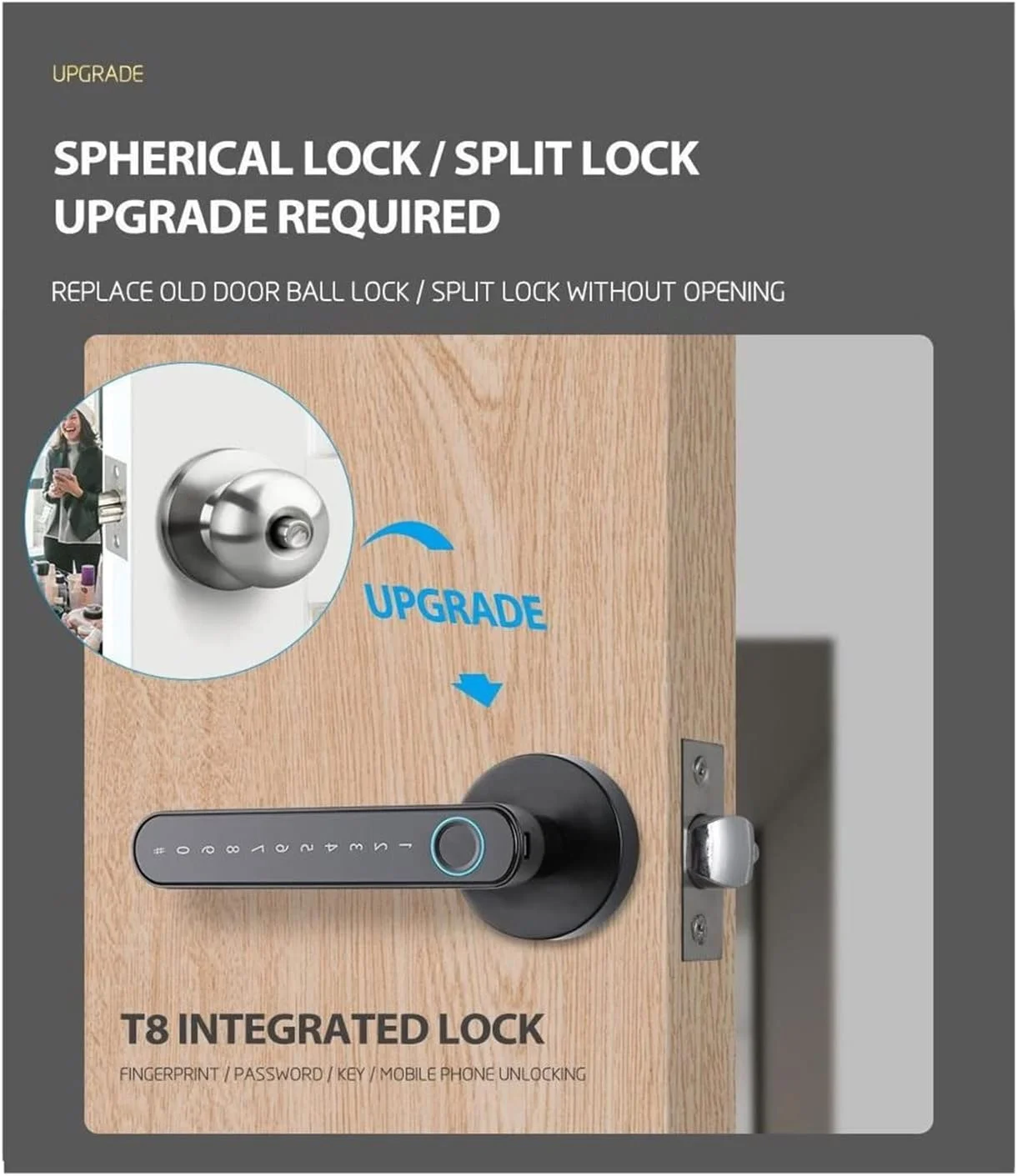 قفل درب اثر انگشتی gxyglsgysgjs Tuya بلوتوثی دیجیتال الکترونیکی هوشمند، قفل درب بیومتریک اثر انگشتی، دستگیره بدون کلید دیجیتال رمز عبور، دستگیره بالابر هوشمند برای قفل کردن (خاکستری)