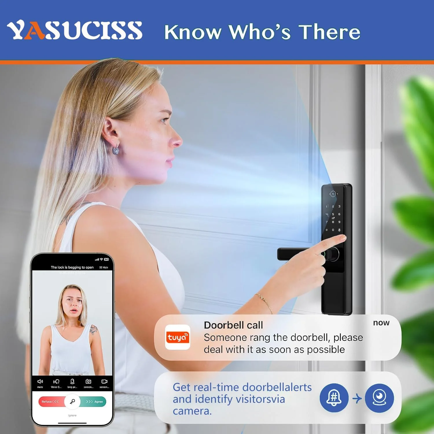 قفل هوشمند با دوربین، اینترکام تصویری، قفل هوشمند اثر انگشت، دارای وای فای داخلی، کنترل برنامه Tuya برای خانه، هتل، دفتر (B5 PRO)