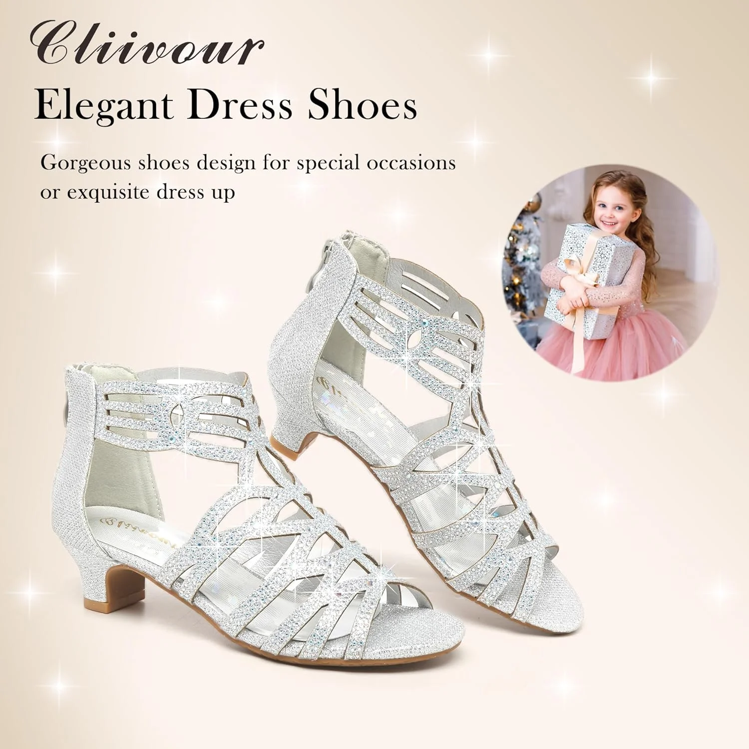 صندل پاشنه بلند مجلسی دخترانه کلیوور، کفش پرنسسی اکلیلی مناسب عروسی، مهمانی و گل دختر بچه گانه