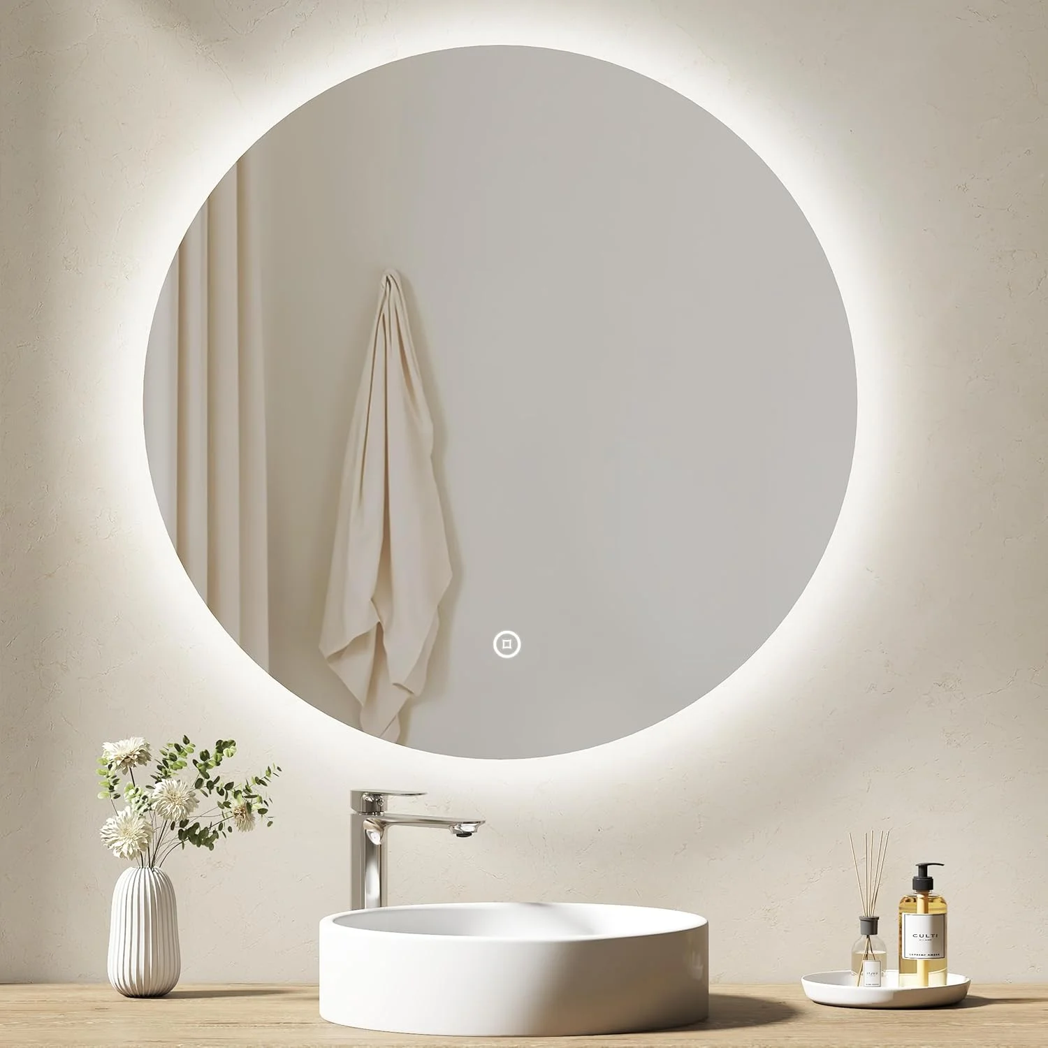 آینه گرد حمام ال ای دی EMKE با قطر 800 میلی متر، آینه حمام ال ای دی با نور پس زمینه، آینه های هوشمند 6000K، دیمر دار، عملکرد حافظه، کنترل لمسی، شیشه سکوریت، IP44 آینه گرد حمام ال ای دی EMKE با قطر 800 میلی متر، آینه حمام ال ای دی با نور پس زمینه، آینه های هوشمند 6000K، دیمر دار، عملکرد حافظه، کنترل لمسی، شیشه سکوریت، IP44