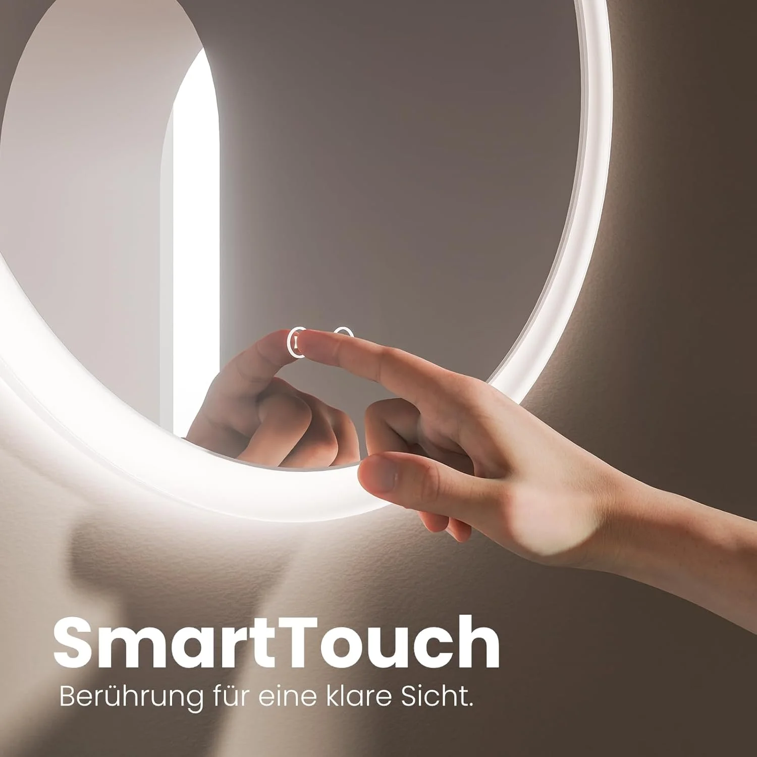 آینه حمام EMKE با نورپردازی، گرد، 50 سانتی متر، آینه LED با نورپردازی، دیمر دار، 3 رنگ نور، ضد مه، کلید لمسی، آینه حمام با نورپردازی، آینه حمام گرد، IP44، صرفه جویی در انرژی