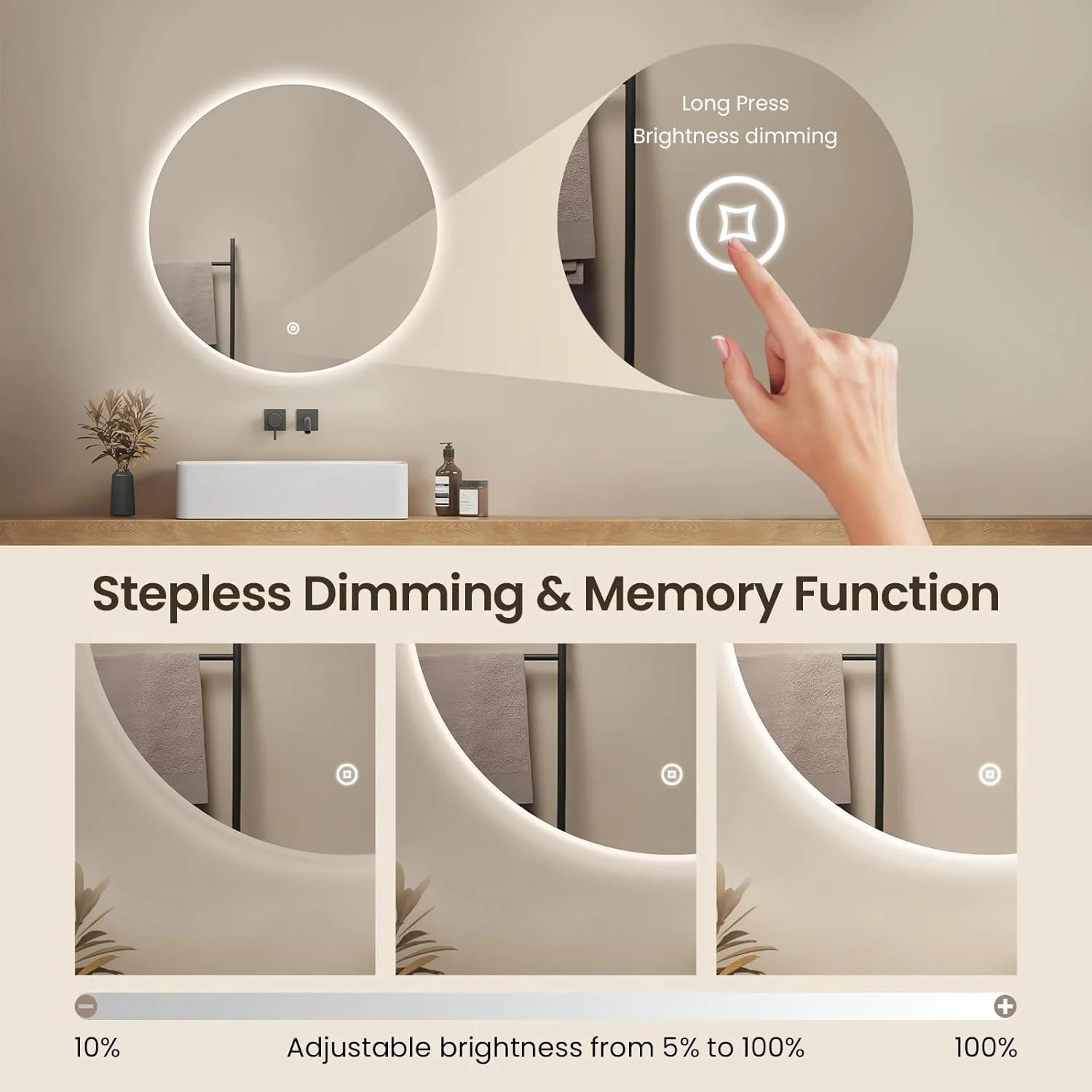 آینه گرد حمام ال ای دی EMKE با قطر 800 میلی متر، آینه حمام ال ای دی با نور پس زمینه، آینه های هوشمند 6000K، دیمر دار، عملکرد حافظه، کنترل لمسی، شیشه سکوریت، IP44 آینه گرد حمام ال ای دی EMKE با قطر 800 میلی متر، آینه حمام ال ای دی با نور پس زمینه، آینه های هوشمند 6000K، دیمر دار، عملکرد حافظه، کنترل لمسی، شیشه سکوریت، IP44