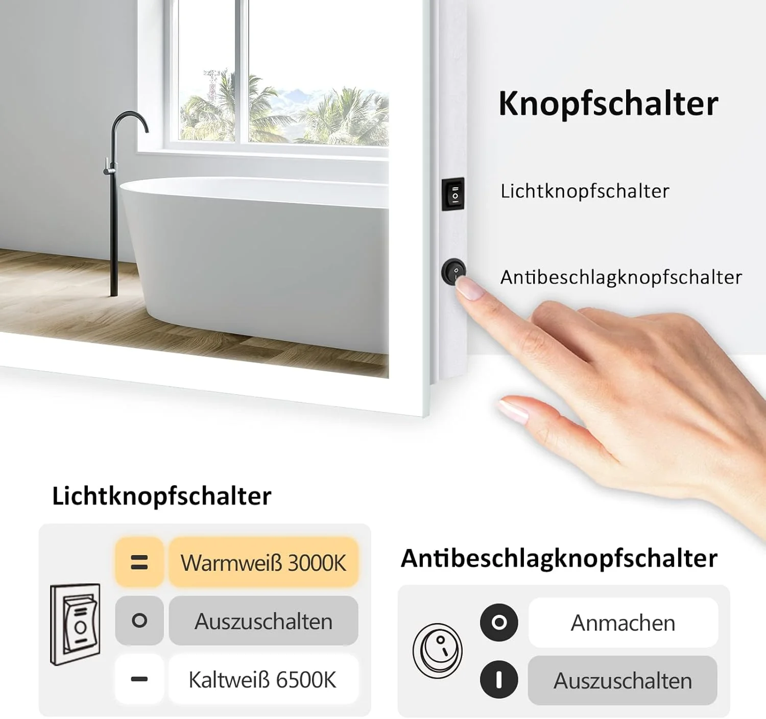 آینه حمام ال ای دی EMKE، 45 در 60 سانتی متر، آینه دیواری با نور سفید گرم و نور سفید سرد، آینه حمام ضد بخار با دکمه آینه حمام ال ای دی EMKE، 45 در 60 سانتی متر، آینه دیواری با نور سفید گرم و نور سفید سرد، آینه حمام ضد بخار با دکمه