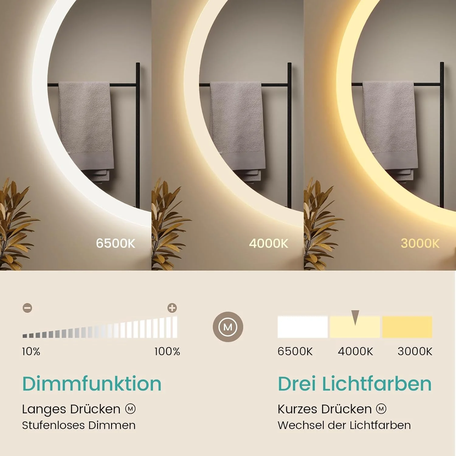 آینه حمام EMKE با نورپردازی، گرد، 50 سانتی متر، آینه LED با نورپردازی، دیمر دار، 3 رنگ نور، ضد مه، کلید لمسی، آینه حمام با نورپردازی، آینه حمام گرد، IP44، صرفه جویی در انرژی