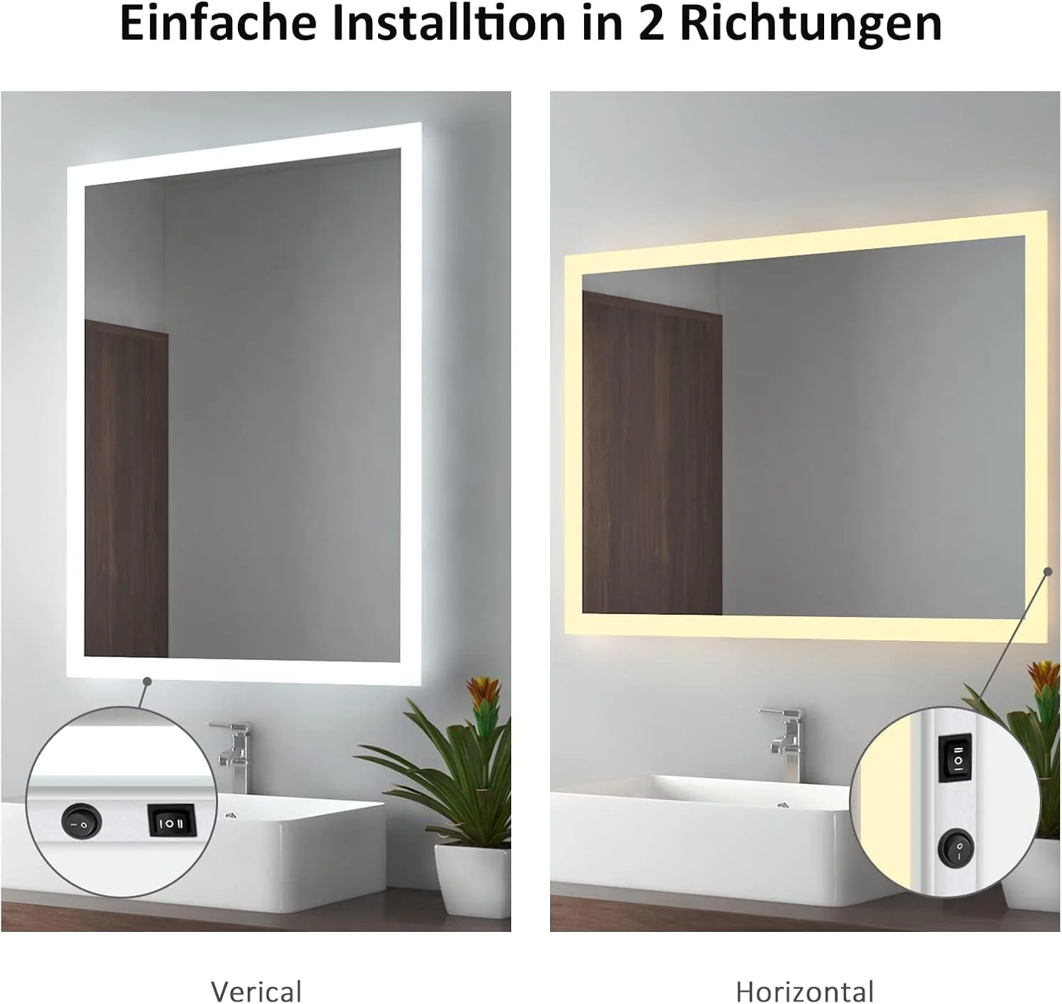 آینه حمام ال ای دی EMKE، 45 در 60 سانتی متر، آینه دیواری با نور سفید گرم و نور سفید سرد، آینه حمام ضد بخار با دکمه آینه حمام ال ای دی EMKE، 45 در 60 سانتی متر، آینه دیواری با نور سفید گرم و نور سفید سرد، آینه حمام ضد بخار با دکمه