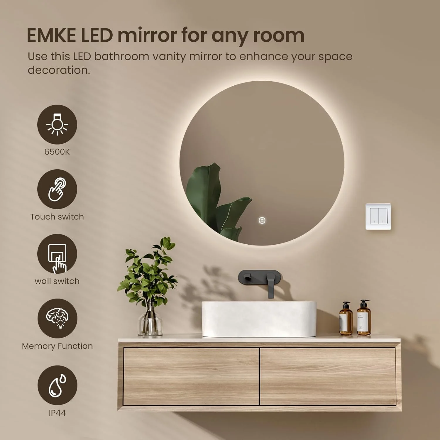 آینه گرد حمام ال ای دی EMKE با قطر 500 میلی متر، آینه حمام ال ای دی با نور پس زمینه، آینه های هوشمند 6000K، دیمر دار، عملکرد حافظه، کنترل لمسی، شیشه سکوریت، IP44 آینه گرد حمام ال ای دی EMKE با قطر 500 میلی متر، آینه حمام ال ای دی با نور پس زمینه، آینه های هوشمند 6000K، دیمر دار، عملکرد حافظه، کنترل لمسی، شیشه سکوریت، IP44
