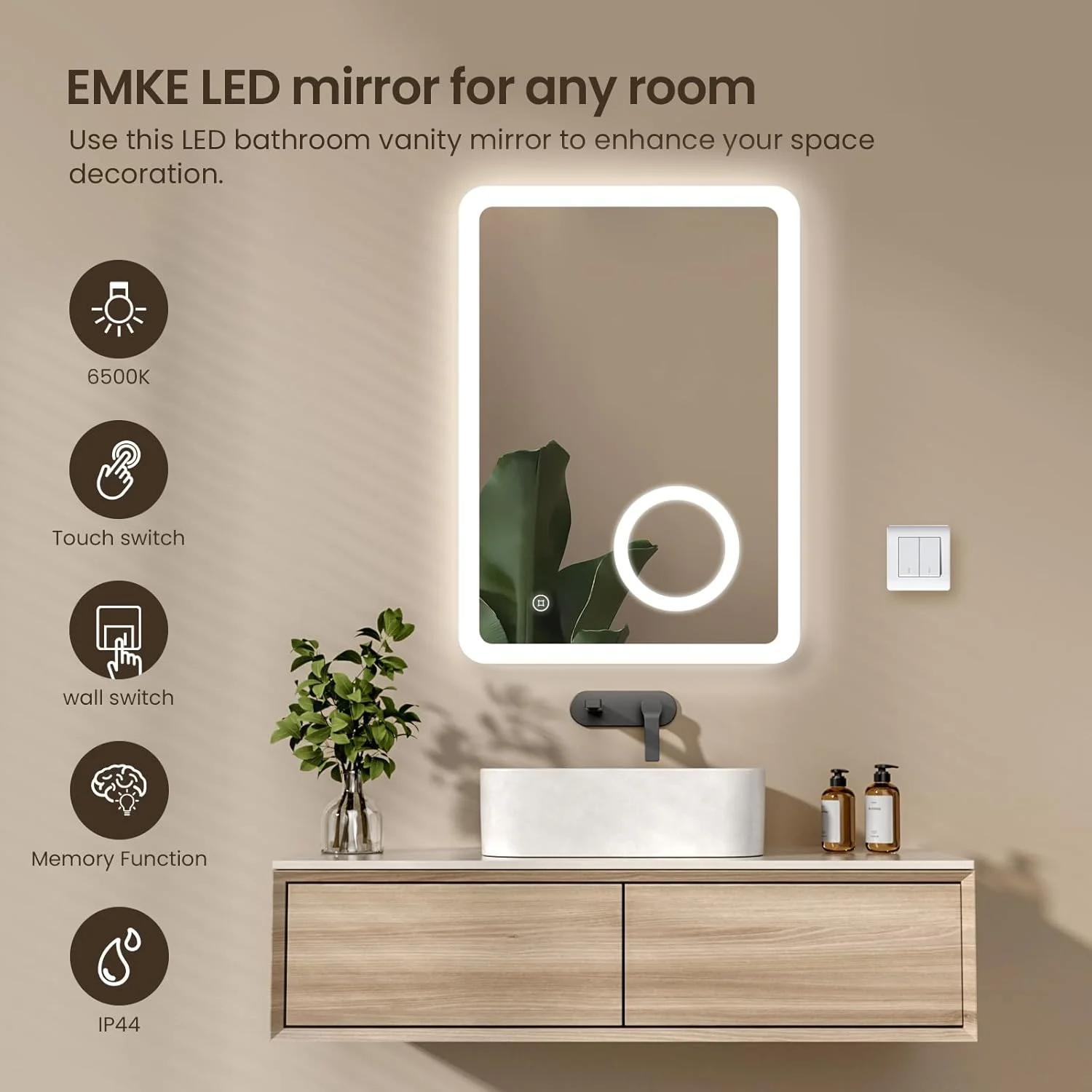 آینه حمام ال ای دی EMKE با چراغ و پریز ریش تراش، 50 در 70 سانتی متر، آینه حمام روشن با پریز ایمنی/ضد بخار/قابل تنظیم نور، آینه های دارای نور پس زمینه ال ای دی برای حمام، عمودی، سیم کشی شده، IP44 آینه حمام ال ای دی EMKE با چراغ و پریز ریش تراش، 50 در 70 سانتی متر، آینه حمام روشن با پریز ایمنی/ضد بخار/قابل تنظیم نور، آینه های دارای نور پس زمینه ال ای دی برای حمام، عمودی، سیم کشی شده، IP44