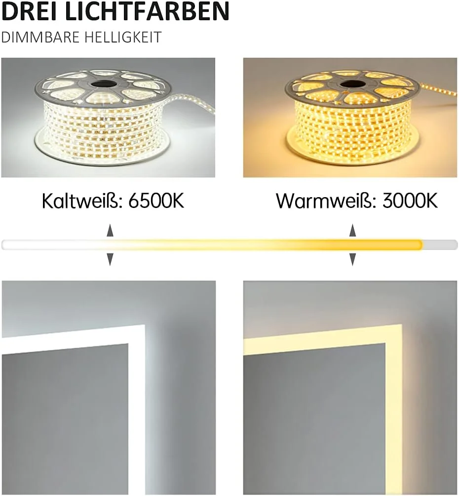 آینه حمام ال ای دی EMKE، 45 در 60 سانتی متر، آینه دیواری با نور سفید گرم و نور سفید سرد، آینه حمام ضد بخار با دکمه آینه حمام ال ای دی EMKE، 45 در 60 سانتی متر، آینه دیواری با نور سفید گرم و نور سفید سرد، آینه حمام ضد بخار با دکمه