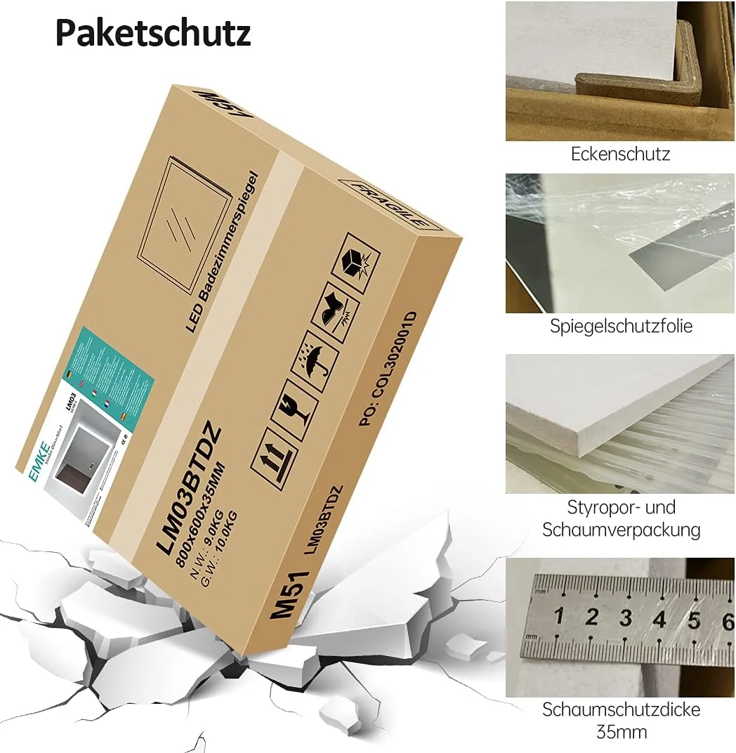 آینه حمام ال ای دی EMKE، 45 در 60 سانتی متر، آینه دیواری با نور سفید گرم و نور سفید سرد، آینه حمام ضد بخار با دکمه آینه حمام ال ای دی EMKE، 45 در 60 سانتی متر، آینه دیواری با نور سفید گرم و نور سفید سرد، آینه حمام ضد بخار با دکمه