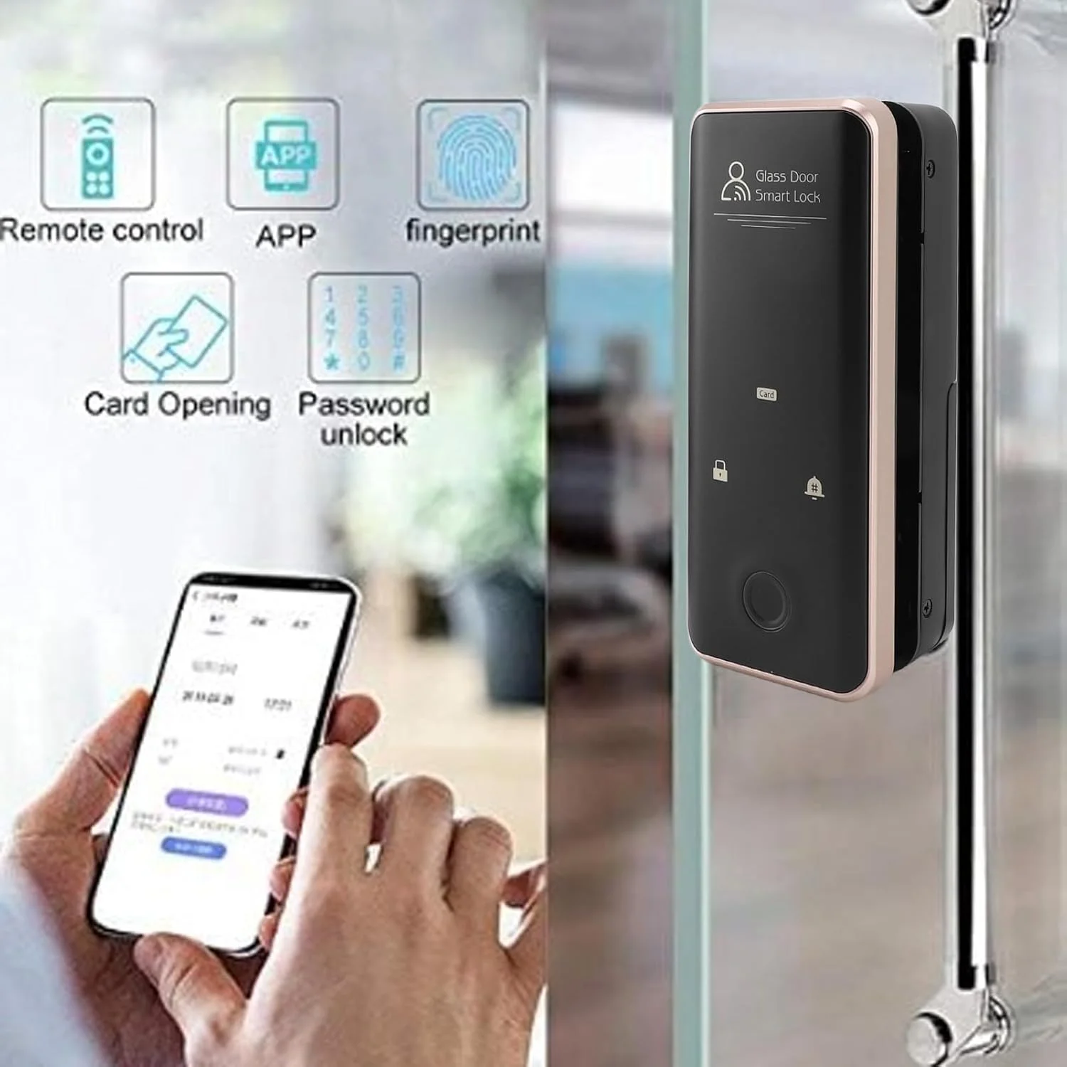 قفل درب شیشه ای هوشمند Luocute، قفل درب دیجیتال بدون کلید با اثر انگشت، رمز عبور، کارت و باز کردن از راه دور، قفل درب ایمنی با قابلیت ثبت تردد، مشکی