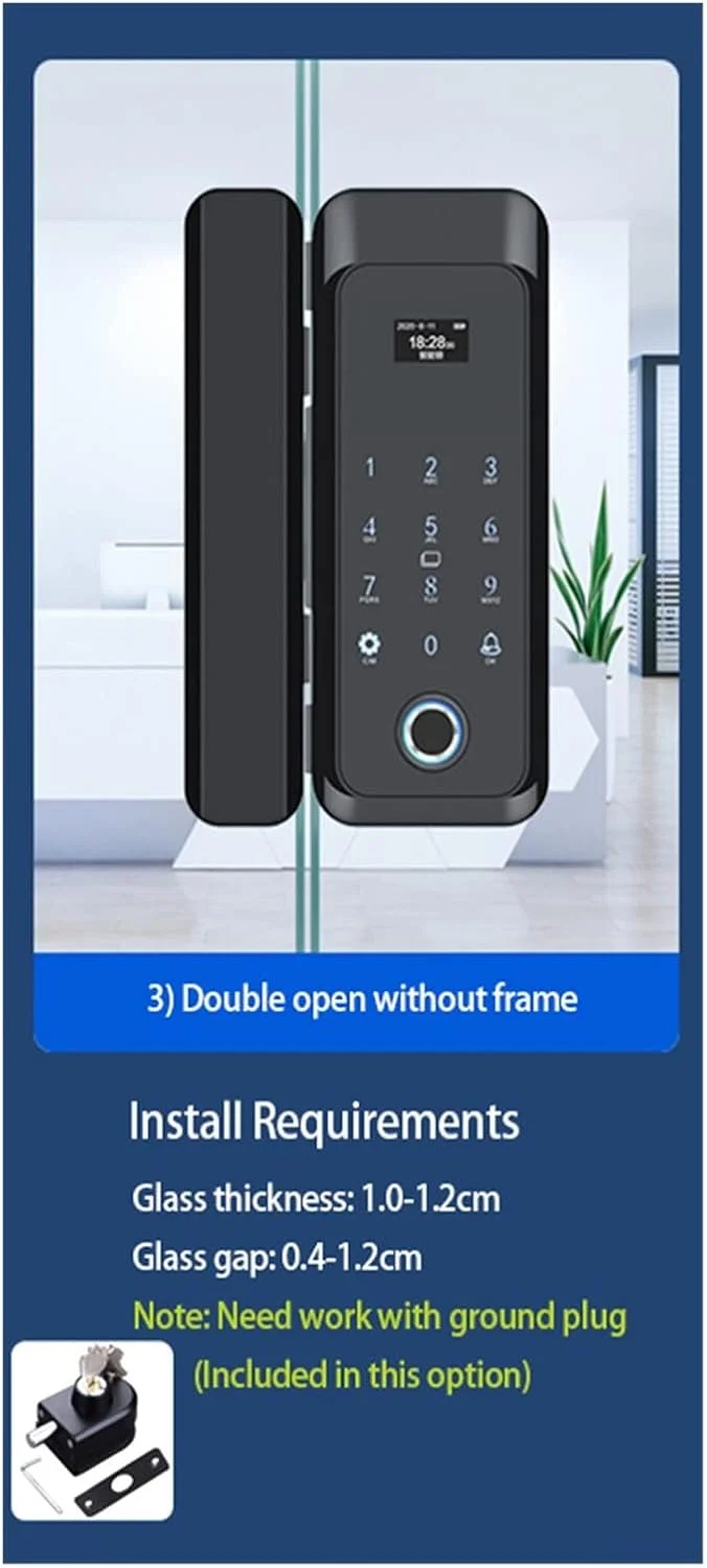 قفل هوشمند LOCZEK، قفل اثر انگشت بیومتریک بدون سیم کشی، قفل درب هوشمند دیجیتال برای درب های شیشه ای کشویی بدون قاب، درب های چوبی اداری الکترونیکی، قفل هوشمند، قفل درب ورودی (رنگ: درب دوبل 3