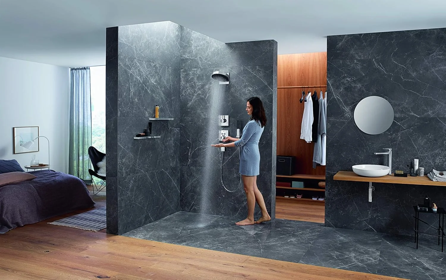 سردوش مدرن 25 سانتی متری هانسگروهه Rainfinity با 3 حالت اسپری PowderRain، Intense PowderRain، RainStream با QuickClean، روکش کروم، 26232001