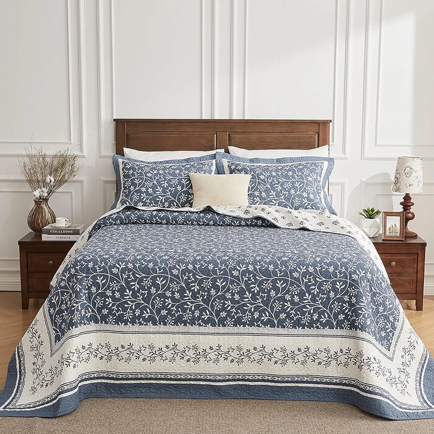 PANGUSHAN 128"×120" 100% Cotton Oversized Bedspread, California King Bedspread Reversible Floral Farmhouse XL Oversized Quilt Coverlet Bedding Set Lightweight Comforter, Grayish-Blue
