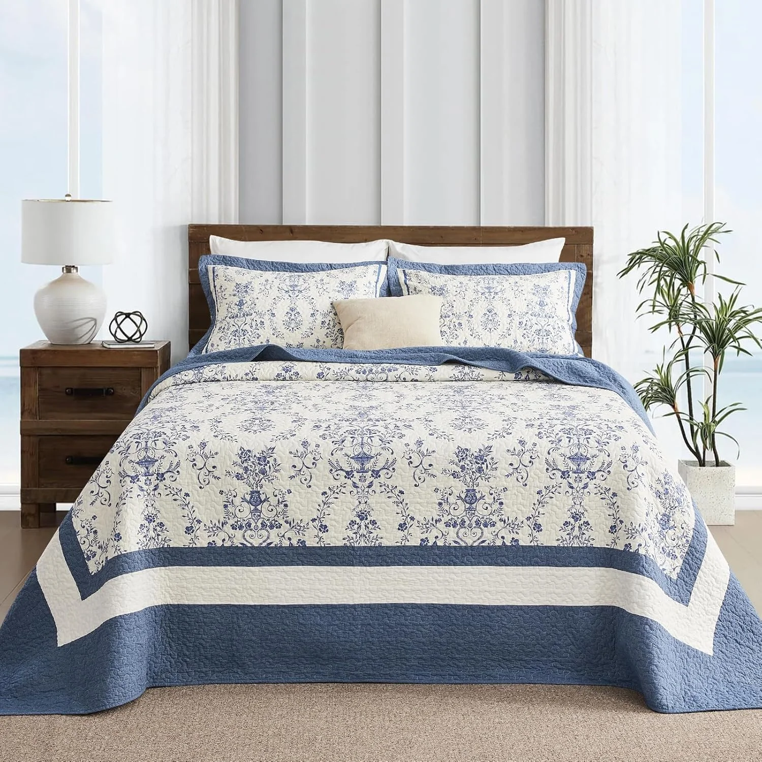روتختی بزرگ پنکوشان 305×305 سانتی‌متر، 100% پنبه، مناسب تخت کالیفرنیا کینگ، طرح گل و بته معکوس، مناسب خانه روستایی، ست ملحفه لحافی بزرگ و سبک وزن، آبی سرمه‌ای
