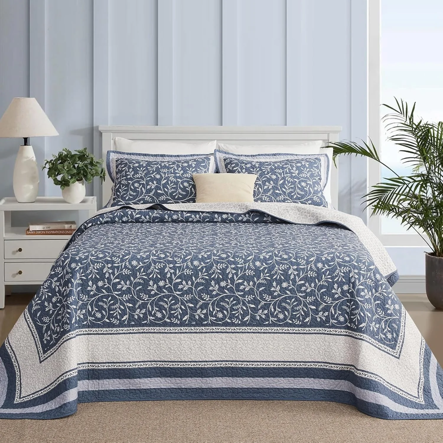 روتختی بزرگ پنکوشان، 3 تکه، 325x305 سانتی متر، 100% پنبه، مناسب تخت کالیفرنیا کینگ، طرح گل و گیاه برگردان، سبک خانه روستایی، لحاف و روتختی سبک وزن، آبی-خاکستری