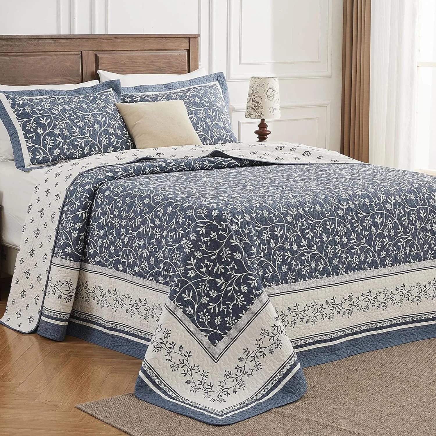 PANGUSHAN 128"×120" 100% Cotton Oversized Bedspread, California King Bedspread Reversible Floral Farmhouse XL Oversized Quilt Coverlet Bedding Set Lightweight Comforter, Grayish-Blue