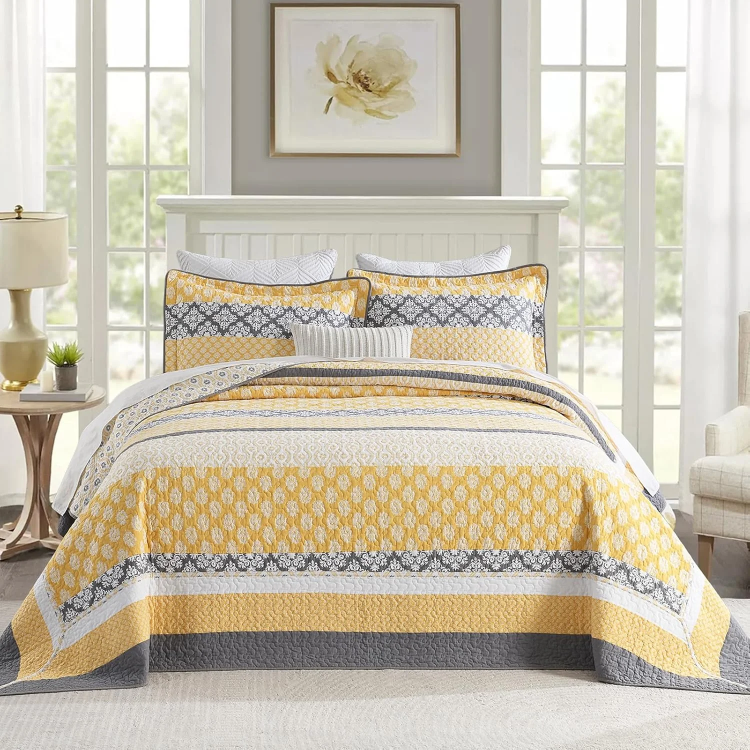 رو تختی بزرگ پنکوشان، 325x305 سانتی متر، 100% پنبه، مناسب تخت کالیفرنیا کینگ، لحاف بزرگ و سبک، زرد/خاکستری