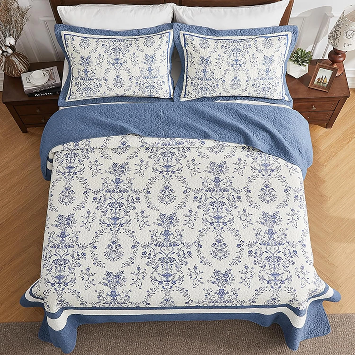 روتختی بزرگ پنکوشان 305×305 سانتی‌متر، 100% پنبه، مناسب تخت کالیفرنیا کینگ، طرح گل و بته معکوس، مناسب خانه روستایی، ست ملحفه لحافی بزرگ و سبک وزن، آبی سرمه‌ای