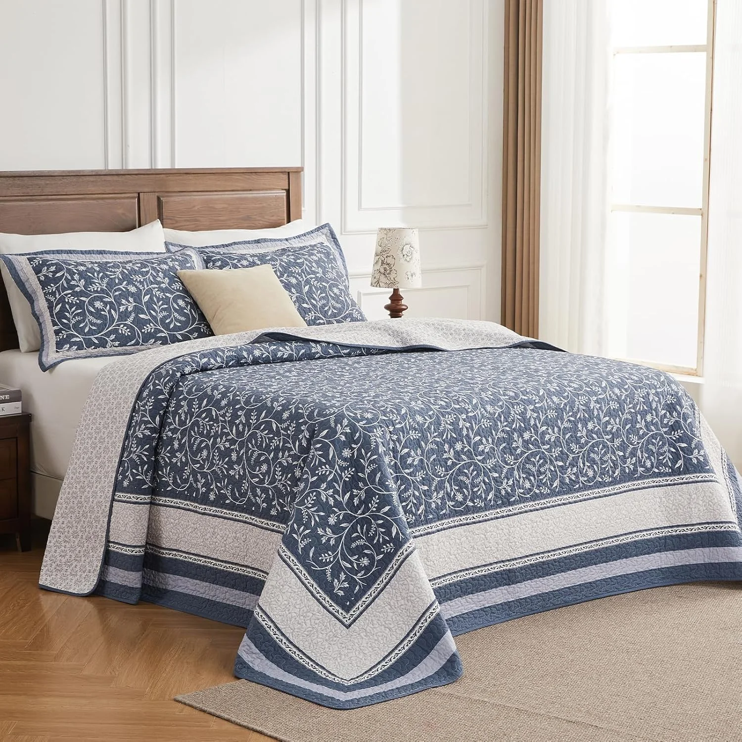 روتختی بزرگ پنبه‌ای پانگوشان، سایز 305×305 سانتی‌متر، مناسب تخت کالیفرنیا کینگ، طرح گل و گیاه برگشت‌پذیر، سبک روستایی، ست روتختی لحافی بزرگ و سبک، آبی-خاکستری، 3 تکه